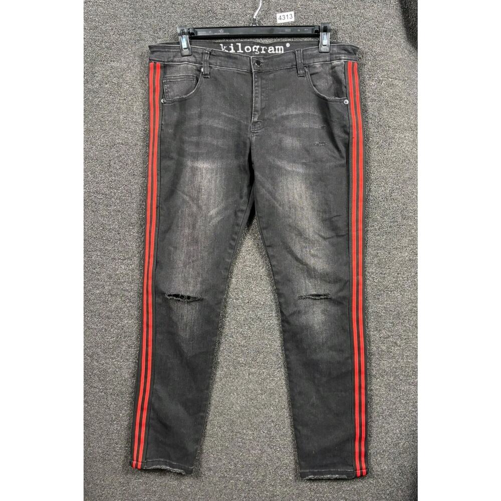 Kilogram Straight Jeans Side Stripes Mens Size 40 Black Knee Rip Denim Stretch